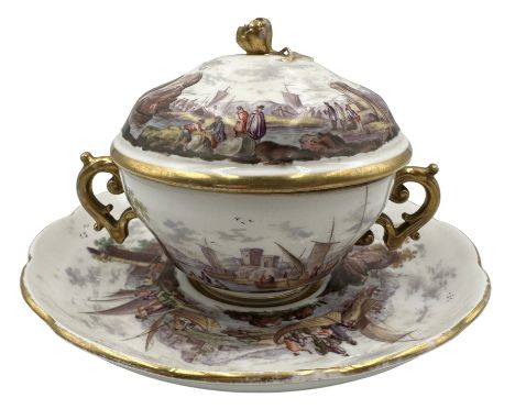 19th century Meissen two-handled ecuelle, cover and stand, the cover, bowl and saucer each painted with a continuous harbour,