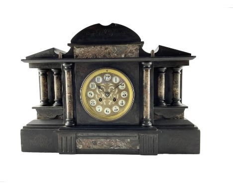 French - late 19th century Belgium slate 8-day mantle clock, with an architectural pediment and break front case, recessed co