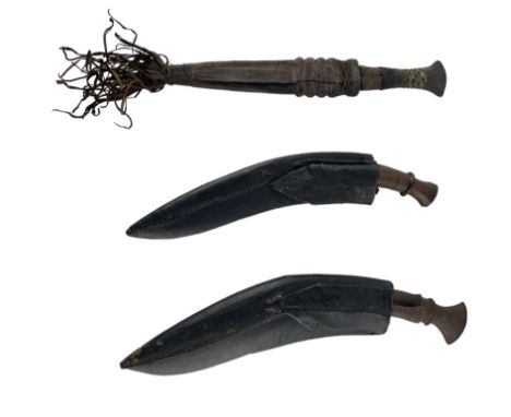  Nepalese  kukri with skinning knives in scabbard, another kukri and an African knife with brass blade (3)