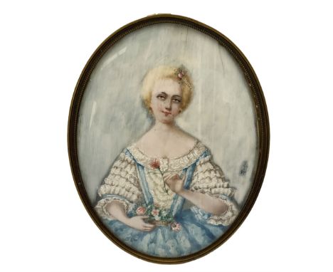 Late 19th/early 20th century oval miniature half length portrait on ivory of a lady holding a flower 14cm x 11cm. This item h