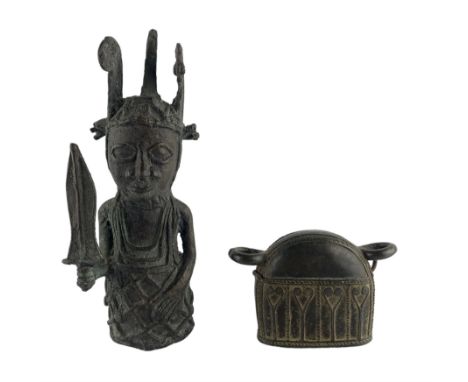 Late 19th century Burmese Hka-Lauk Bell (cattle bell), of semi circular form with geometric and floral decoration, H9cm toget