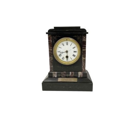 French - 19th century timepiece 8-day slate and marble mantle clock, rectangular case with a shaped pediment and enamel dial,