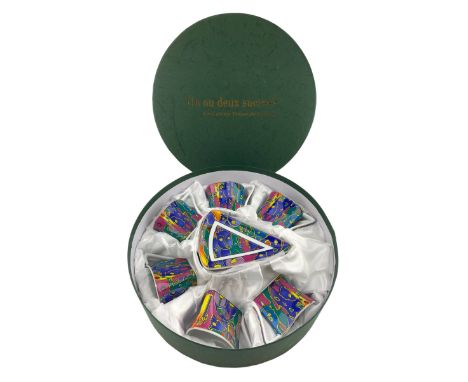 Set of six French Tresor du Galion Mask pattern porcelain coffee cups and saucers of triangular design in original box