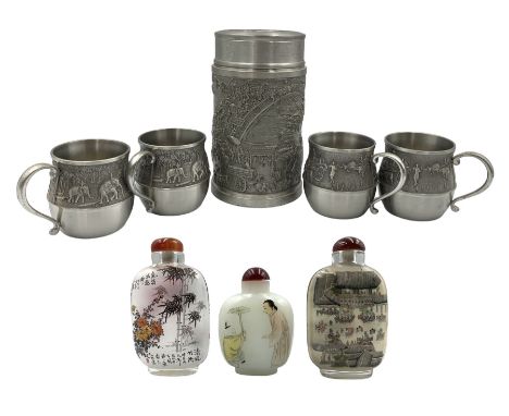 Three modern century snuff bottles, two reverse painted on glass and the other carved agate painted with figures, H11cm max, 
