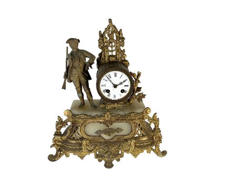 French - late 19th century alabaster and gilt spelter 8-day mantle clock, with a drum cased movement and figure of a huntsman