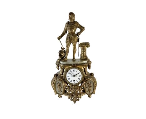 French - late 19th century 8-day gilt-spelter and alabaster mantle clock,c1890, with an imposing knight in armour on an spelt