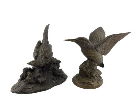 Two contemporary patinated bronze sculptures, modelled as a Pheasant Hen with five Chicks, and the other modelled as Kingfish