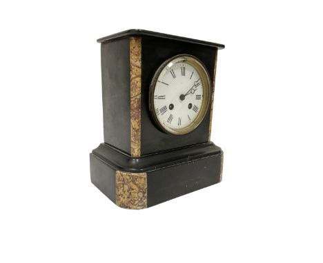 French - 8-day striking mantle clock in a Belgium slate and marble case, white enamel dial with Roman numerals and steel moon