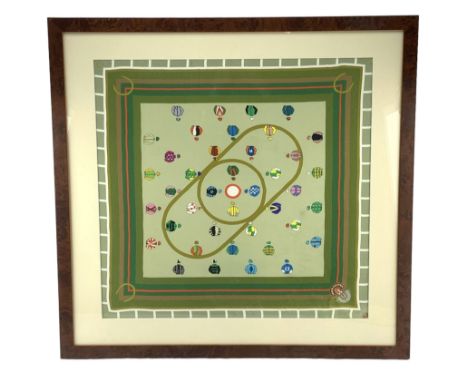 The Grand National 2007 Limited Edition scarf designed by Candy Elliott, no. 1/200, with certificate in burr veneered frame, 