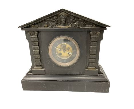 French - late 19th century Belgium slate 8-day mantle clock with an architectural pediment and Tympanum, columns with Corinth