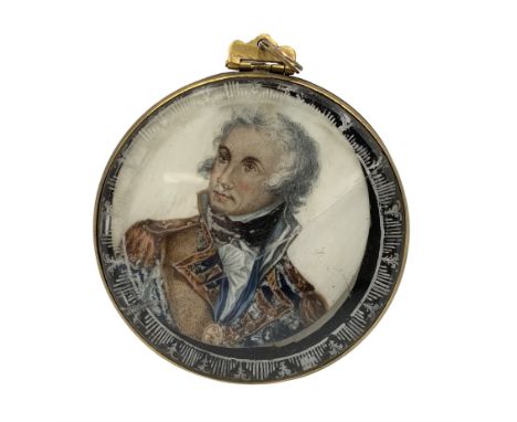 19th century miniature oil portrait on ivory of Nelson after Daniel Orme in a gilt metal frame the glass with a painted borde