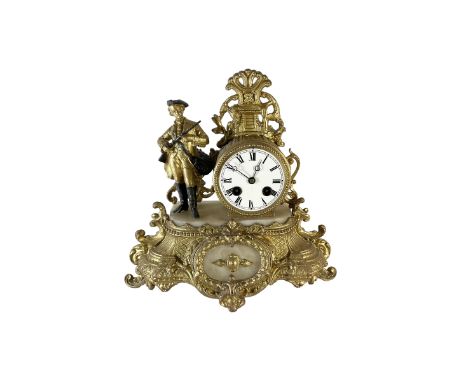 French - Alabaster and gilt-spelter 8-day mantle clock c1880, with a drum cased movement and huntsman on an alabaster and gil