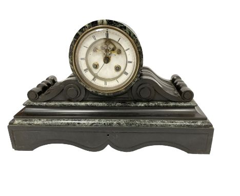 French - mid 19th century 8-day Belgium slate and marble mantle clock, with a drum case and carved volutes on a serpentine pl