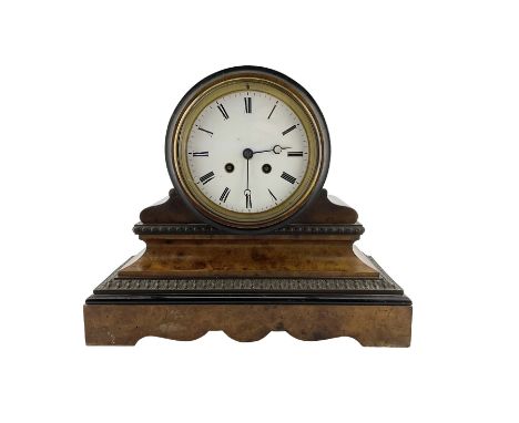 French 19th century  - Burr walnut and ebony 8-day library clock, drum movement with an enamel dial, Roman numerals and minut