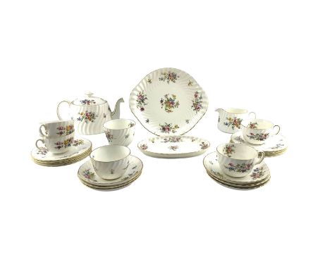 Minton Marlow pattern teaset comprising five cups, six saucers, eight plates,  teapot, sugar bowl, milk jug and two serving p