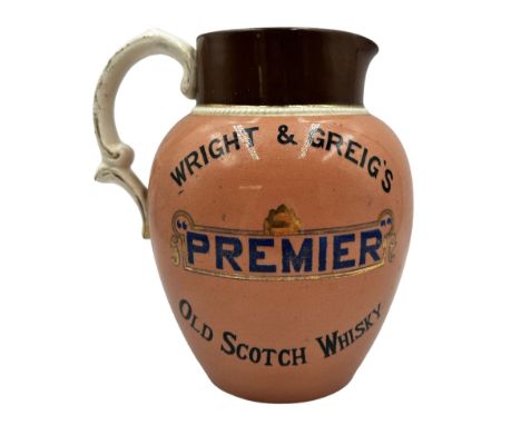 Victorian Wright &amp; Greig's "Premier" Old Scotch Whisky jug by W M Brownlie Ltd, James St Bridgeton, Cross Glasgow, H16cm 