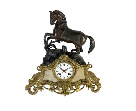 French - early 19th century 8-day mantle clock c1820, with a gilt spelter and alabaster base surmounted by a simulated bronze