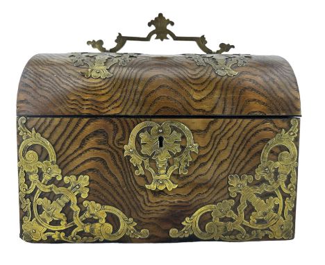 Victorian ash dome top tea caddy, with engraved brass mounts and handle, the hinged lid opening to reveal two compartments, l