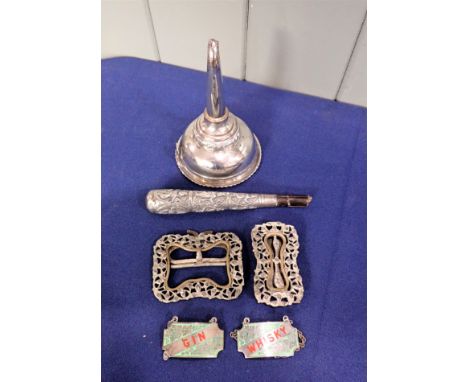 A PAIR OF ENAMELLED SPIRIT BOTTLE LABELS a silver plated wine funnel, an Asian white metal parasol handle and two metal belt 