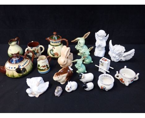 A GOSS BRISTOL PUZZLE JUG, GOSS SEDAN CHAIR, SYLVAC RABBITS Devon motto ware and other items