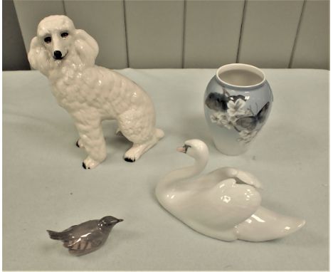 ROYAL COPENHAGEN FAIENCE WARE a vase, a swan and a bird and a ceramic standard poodle