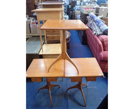 THREE SHAKER WORKSHOPS TRIPOD TABLES two fitted with drawers 54cm wide (3)
