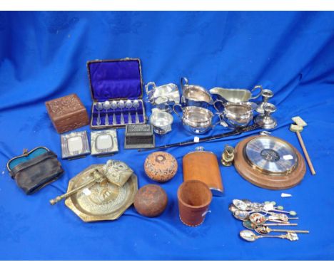 A QUANTITY OF SUNDRIES, INCLUDING SILVER PLATED ITEMS metalware, wooden items and others including a small barometer