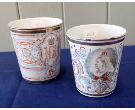 A RUSSIAN ENAMEL COMMEMORATIVE BEAKER decorated in blue and red within gilt rims, dated 1896; and a Victorian Diamond Jubilee