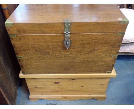 A HARDWOOD TRUNK WITH 'MILITARY' STYLE BRASS MOUNTS 85cm wide, and a pine trunk 92cm wide (2)