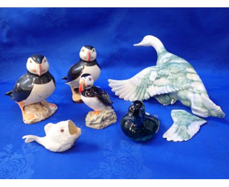 TWO JOHN BOURDEAUX POTTERY PUFFINS a ditto wall mounted flying duck (damaged), a John Beswick puffin, a Wedgwood blue/green g