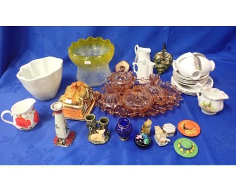 A QUANTITY OF MIXED GLASS AND CERAMICS to include an oil lamp shade, a dressing table set, a food mould and others