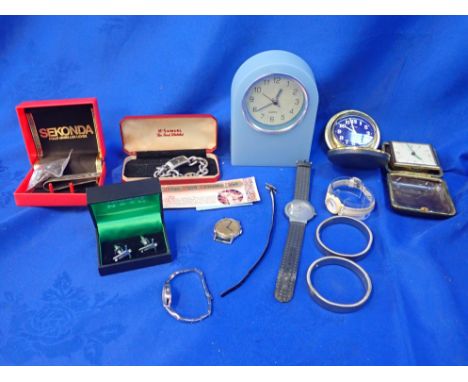 A SMALL COLLECTION OF WATCHES AND CLOCKS and sundries including cufflinks and armbands