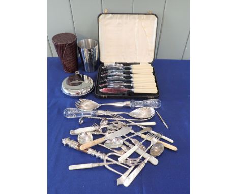 SET OF TRAVELLING BEAKERS AND A BOXED KNIFE AND FORK SET including salad servers crystal and a collection of silver forks and