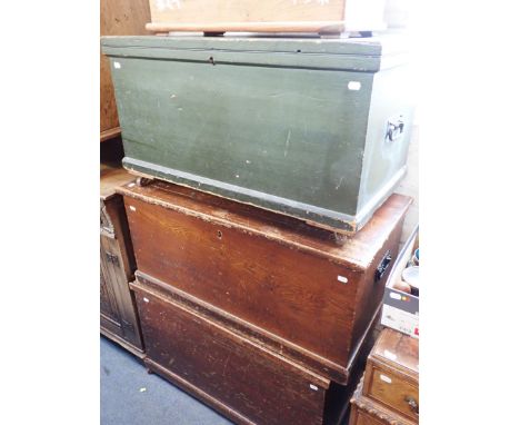 A 19TH CENTURY GRAINED PINE TRUNK, ANOTHER SIMILAR and another with old green paint, largest 89cm wide (3)