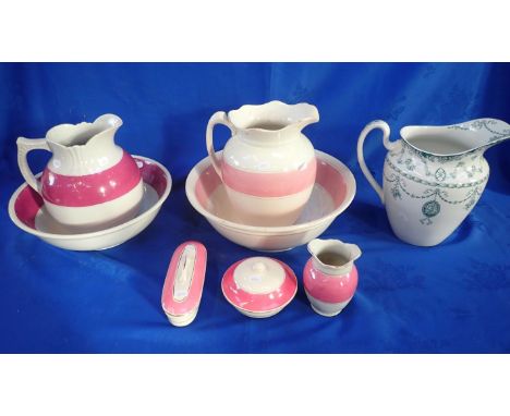 A VICTORIAN WASH STAND SET comprising jug, basin, vase, soap dish and toothbrush box, with other toilet wares