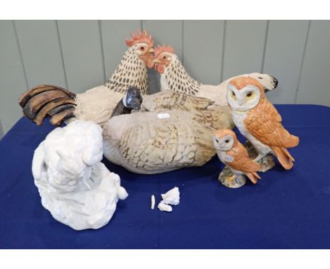 A GROUP OF CERAMIC BIRDS including stoneware chickens by Furse Swann, and Beswick owls