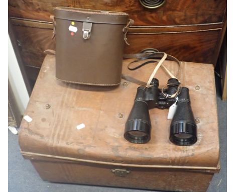 A PAIR OF ROSS BINOCULARS 13 x 60, cased, with a tin trunk