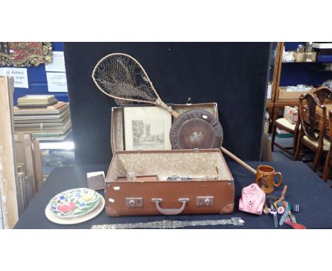 A VICTORIAN LANDING NET, A WINCHESTER COLLEGE BREAD PLATE with other items including watches, a powder compact, Versace sungl