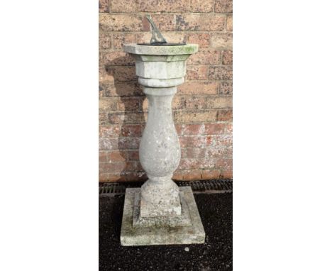 A GARDEN SUNDIAL, ON BALUSTER PEDESTAL reconstituted, with metal dial 'TYME FLYES' 78cm high