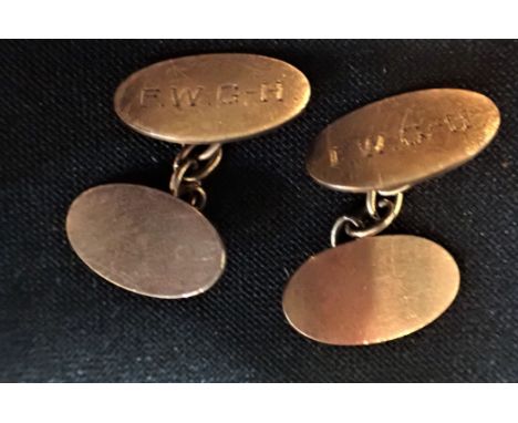 A PAIR OF 9CT GOLD CUFFLINKS with plain oval faces, combined weight 5 grams (inner links engraved)