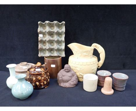 A STUDIO POTTERY MODEL OF AN EGG BOX a pair of studio pottery ribbed cups impressed DK, an Yixing style Buddha, a Victorian b
