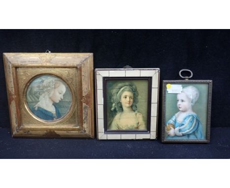 AFTER A RENAISSANCE ORIGINAL, MINIATURE PORTRAIT OF A YOUNG LADY in gilt 'Florentine' frame with circular slip, together with
