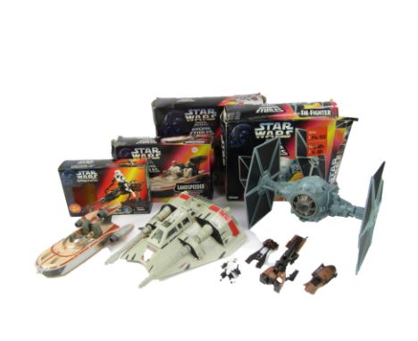 Three Star Wars Kenner figure groups, comprising Imperial Speeder Bike, Land Speeder, Rebel Snow Speeder and Tie Fighter, cir