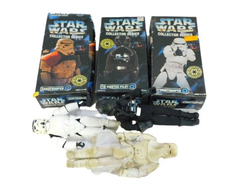 Three Star Wars Galactic Empire figures, comprising Tie Fighter Pilot, Sand Trooper and Stormtrooper, boxed. (3) 