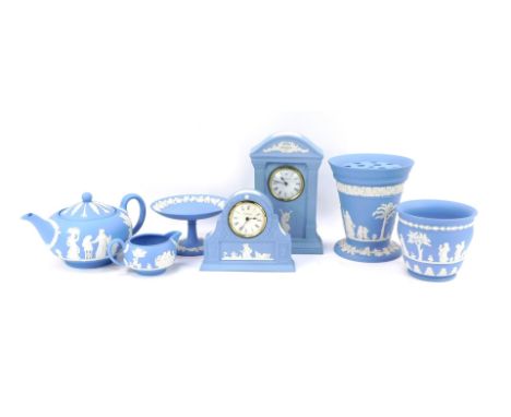 A group of Wedgwood blue Jasperware, to include mantel clock, with Roman numeric dial, quartz movement, the case of architect