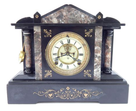 A 19thC slate and marble mantel clock, the circular cream enamel dial bearing Roman numerals, eight day movement, the case of