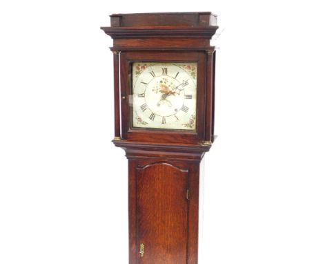 An early 19thC oak longcase clock, the painted square enamel dial bearing Roman numerals, subsidiary seconds, the hood with a