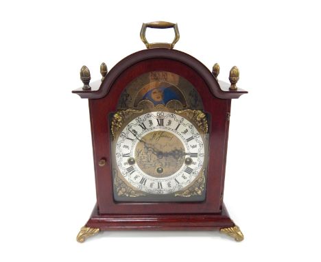 A 20thC mahogany cased mantel clock, the brass dial with silvered Roman numeric chapter ring marked St James, moon phase, che