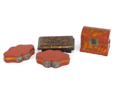 An Oriental hardwood storage basket, in black lacquer and gilt decoration, of rectangular form, a red painted lacquer dome to