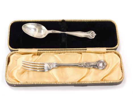 A cased presentation silver teaspoon, of Neo Classical swag design, and a King's pattern silver pickle fork, 1 ¼oz. (2) 